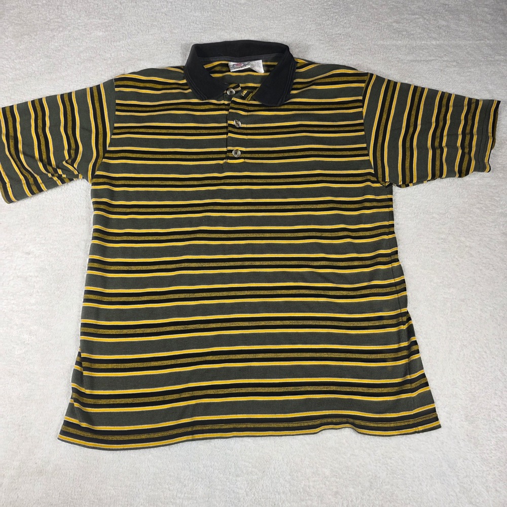 Bugle Boy Polo Shirt Mens Large Green Yellow Striped  Y2K Vintage 90s Gold Crest